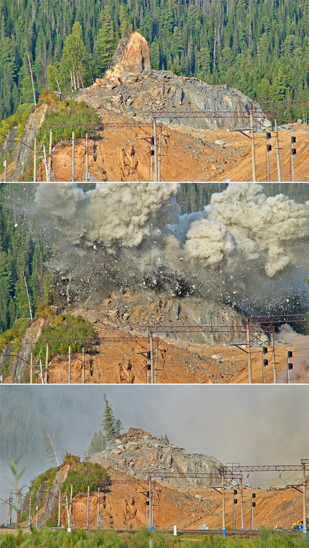 Взрывные работы на южном ходе Транссиба (Междуреченск-Тайшет) в районе Джебской петли