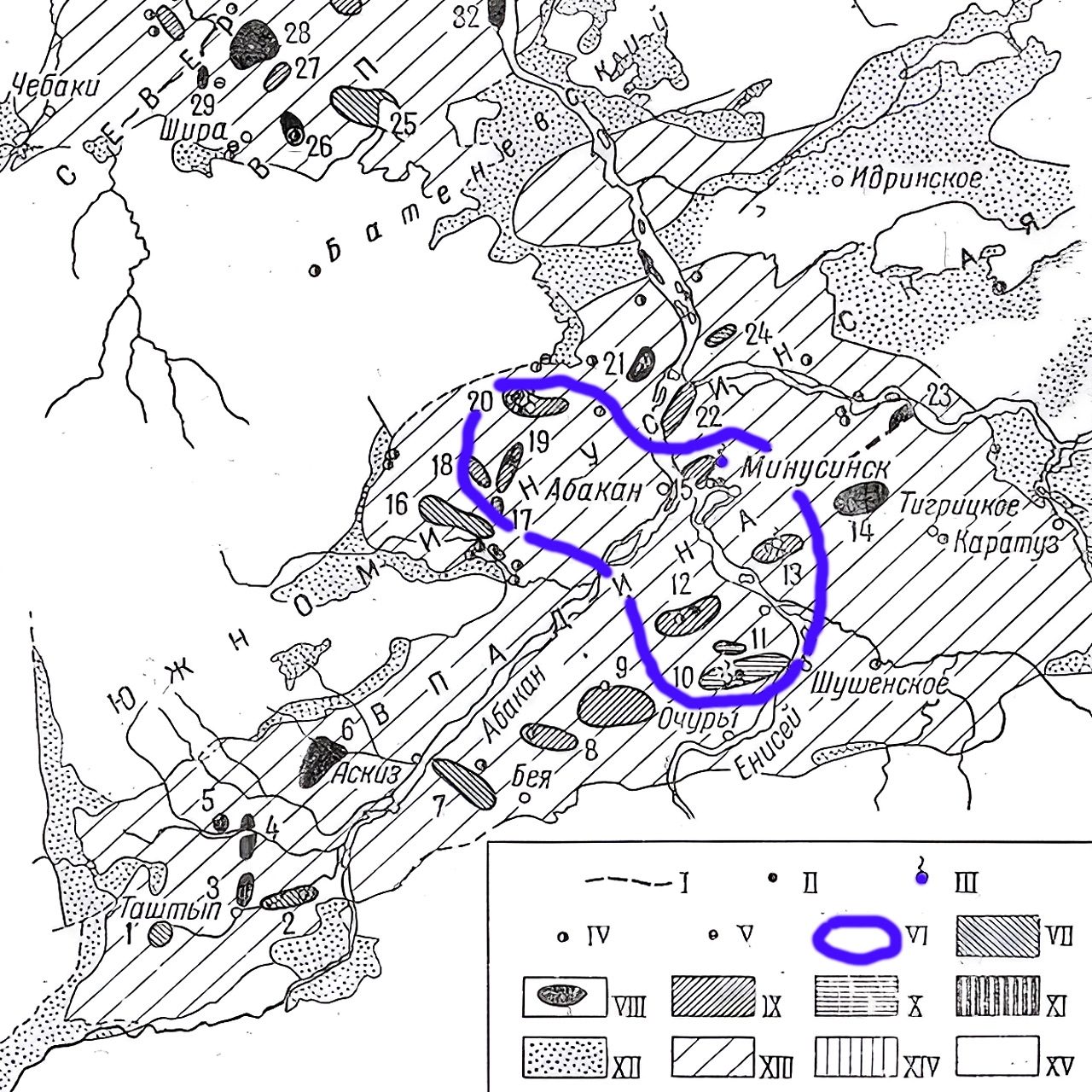 Карта геологического строения Минусинской впадины