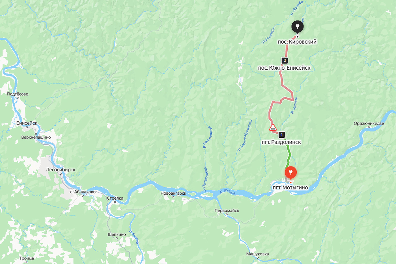 Общая схема автодороги Мотыгино - Раздолинск - Южно-Енисейск - Кировский