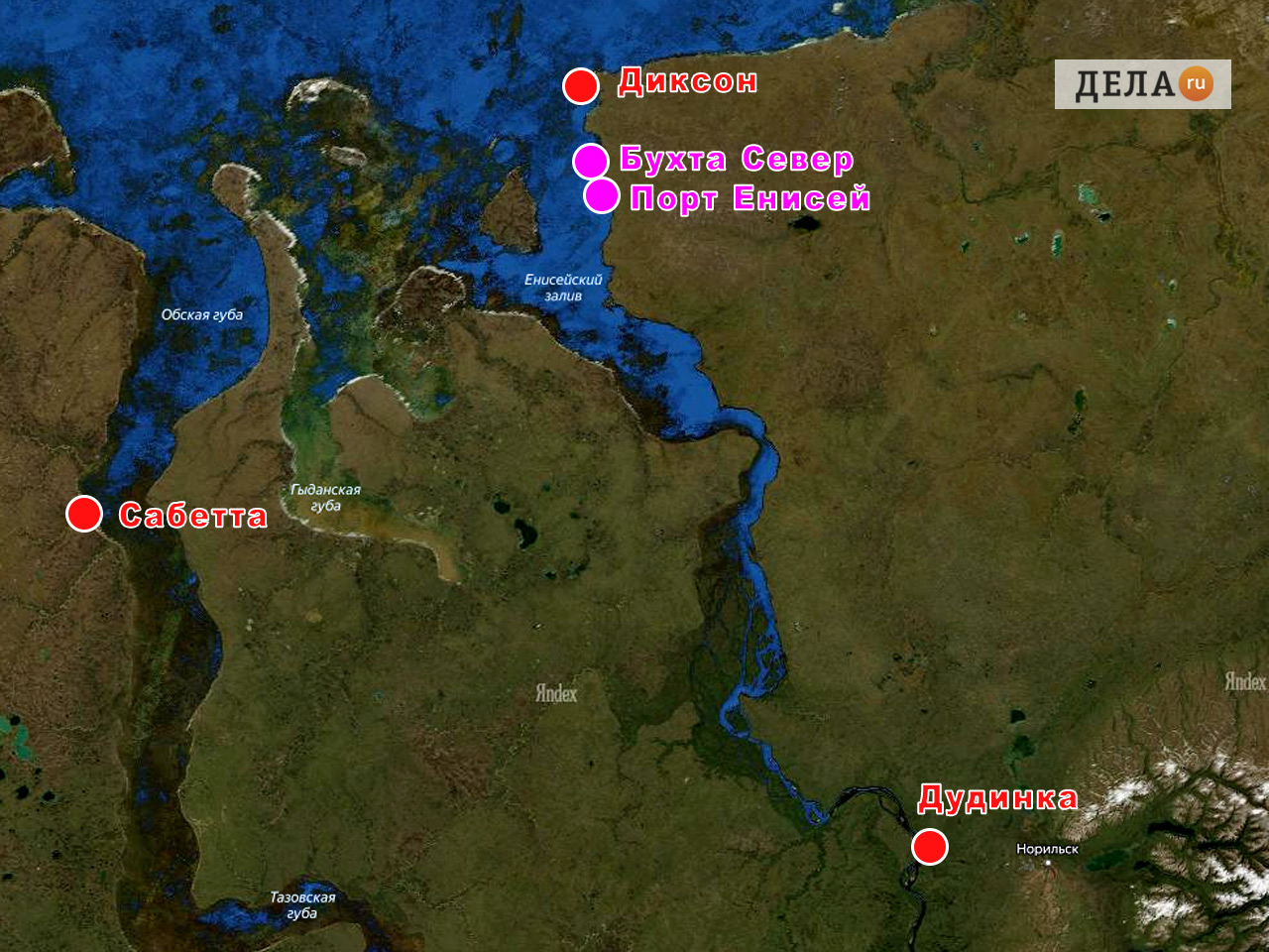 Порты Бухта Север и Порт Енисей в Енисейском заливе карта 