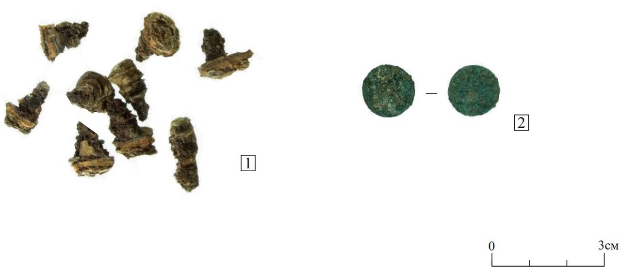 Еще предметы, найденные во время раскопок. Это обувные гвозди и монеты